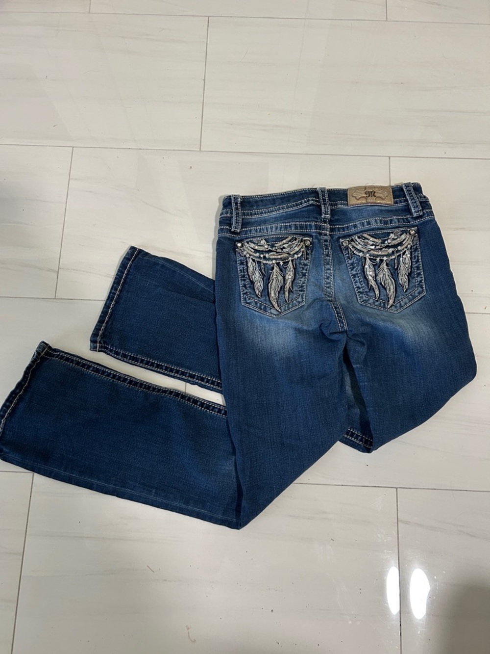Miss Me Buckle Chloe Boot Blue Denim Jeans with Silver Feather Embroidery